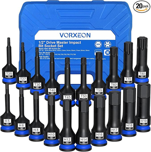20 PCS Impact socket set Allen Hex and Torx Star Bit socket S2 Alloy Steel One-piece forged With Storage Case, 1/2" Drive 5mm-19mm T25 - T80