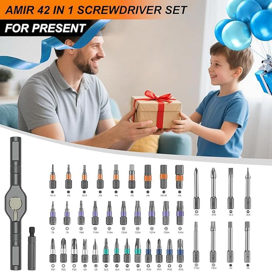 AMIR 42 in 1 Magnetic Screwdriver Set, Ratchet Screwdriver Set with Multi Bit, DIY Repair Tool Kit with Versatile T Handle for Furniture, Computer, Bicycle, Electronic Repair