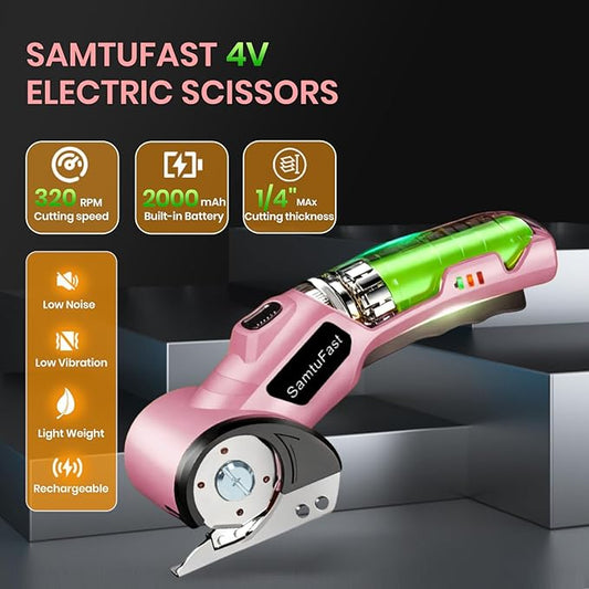 Cordless Electric Scissors, 4V Rechargeable Cardboard Box Cutter with Storage Box,2 Blades,USB Charging Cable, Powerful Rotary Cutters for Carton Plastic Fabric Leather Carpet(Pink)