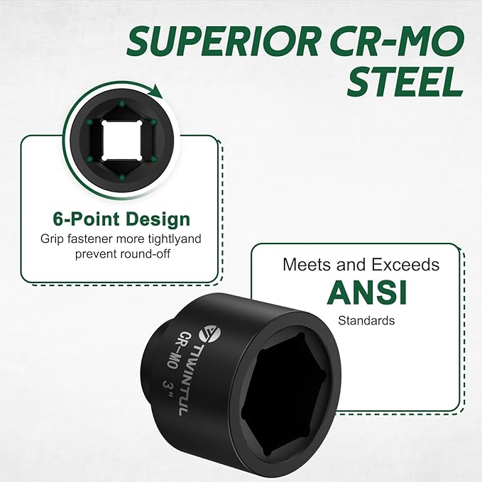 3" Impact Socket 1" Drive, 6 Point Design, CR-MO Large Impact Socket, ANSI Certified, Heavy Duty Socket 1 Inch Drive for Fleet, Oilfield, Construction & Industrial Repair