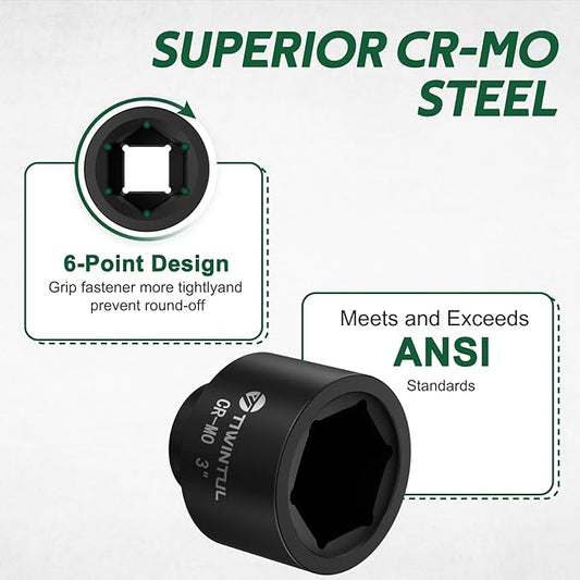 3" Impact Socket 1" Drive, 6 Point Design, CR-MO Large Impact Socket, ANSI Certified, Heavy Duty Socket 1 Inch Drive for Fleet, Oilfield, Construction & Industrial Repair