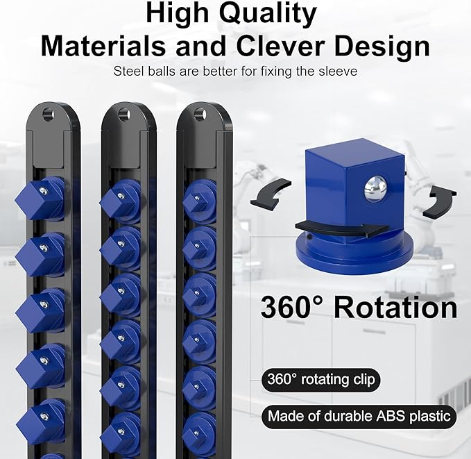 FivePears 3PCS 360째 Socket Organizer Twist Lock,3/8 1/4 1/2 Socket Storage Rails, Premium Quality Socket Holders for Tool Box 竊똖ool Carts竊똂ontains up to 40 Clips (Blue, Red and Black)