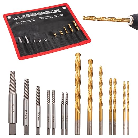 Toolwiz Easy Out Screw Extractor Set ??14PCS Broken Bolt Extractor Kit with HSS Left Handed Drill Bits for Removing Stripped Screws, Broken Bolts, Damaged Nuts Easy Out Set with Canvas Bag