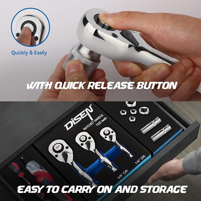 DISEN 3-Piece Stubby Ratchet Set ??1/4", 3/8", 1/2" Drive | 100-Tooth Ratchet with EVA Storage Tray | Quick Release Button | Non-Slip Grip | Reversible 3.6째 Design for Tight Spaces, Chrome Finish