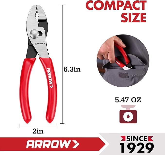 ARROW 6" Slip Joint Pliers, Small Pliers with Thick Dip-Grip Handle, High Carbon Steel, Strong Grip Jaws, Pliers Tool for Gripping, Loosening Nuts and Bolts, Cutting Steel Wire