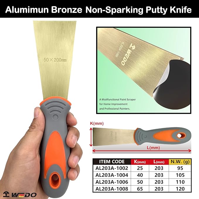 WEDO Non-Sparking Putty Knife 25mm(1??, Stiff Spark-free Safety Scraper Painter, Die-Forged, Corrosion Resistant, DIN Standard, Aluminum Bronze, 8??Length