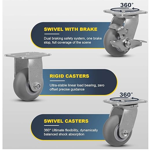 4 inch Thermoplastic Rubber Wheels (Crown Tread)- Casters Set of 4 Heavy Duty - 1400 LB Capacity- Caster Wheels for Furniture Platform Trucks (2 Brake & 2 Rigid)