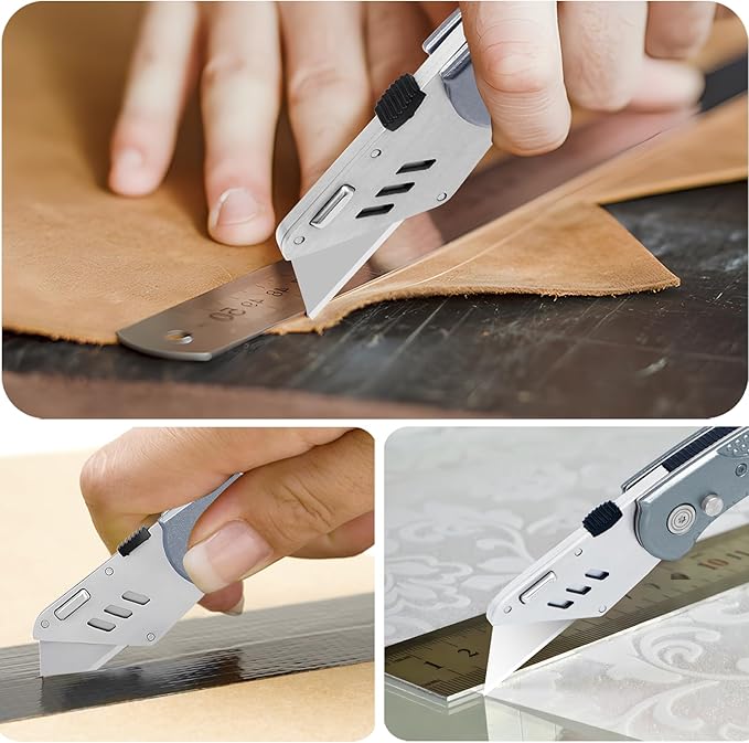 Vickay Folding Utility Knife, Box Cutter with Heavy Duty SK5 Quick Change Blades, Safety Axis Lock Design Razor Knife, Lightweight Aluminum Handle Belt Clip for Office Home Artcraft (Grey)