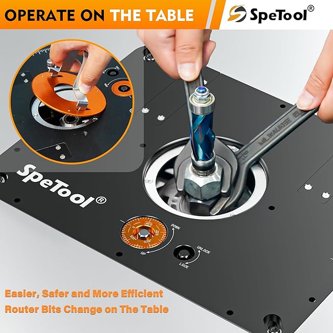 SpeTool Router Lift for 2.56??4.21??Dia Routers, Precision All-aluminum Router Table Lift System with 3 Magnetic Insert Rings, 9-1/4"x11-3/4" Router Table Insert Plate for Woodworking Add DIY Template