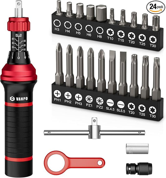 VANPO Torque Screwdriver 10-60 in.lb, CR-MO & Aluminum, 24 Pcs Torque Screwdriver Set with S2, Bits Adapter, T-Bar Handle, Hex, Torx, Phillips, Pozidriv, Schlitz for DIY, Bike Repair, and Mechanics
