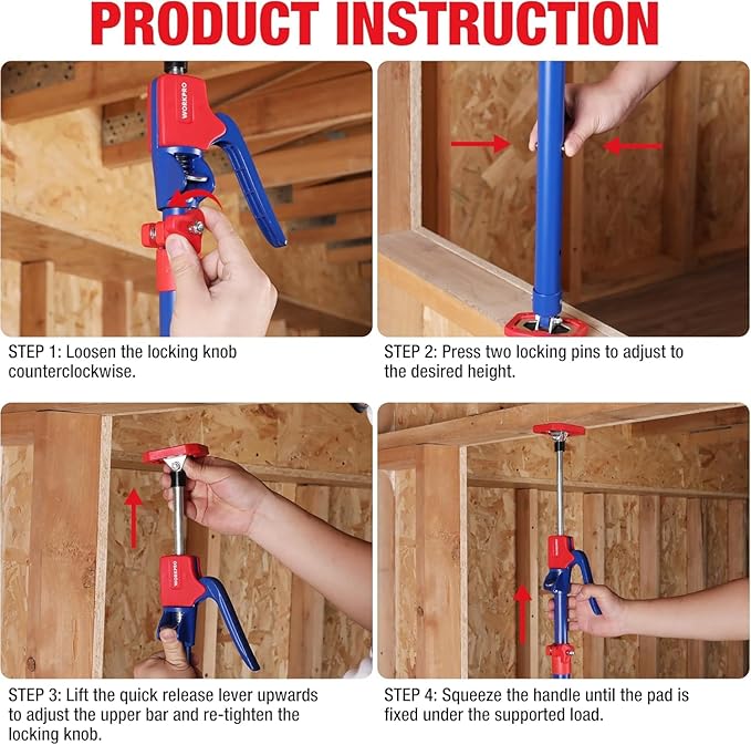WORKPRO Cabinet Jack Support Pole, 23-5/8" to 45-1/4" Steel Telescopic Quick Support Rod Adjustable 3rd Hand Support System with 154 lbs Capacity for Cabinet Jack, Drywall Jack& Cargo Bars, 4-Pack