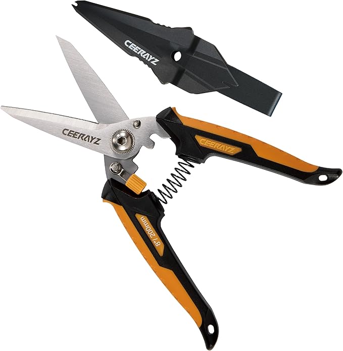 8" Scissors All Purpose, Heavy Duty, Multipurpose, for DIY Projects, Office, Production Lines, Pruning, with Protective Sheath (Black/Orange)