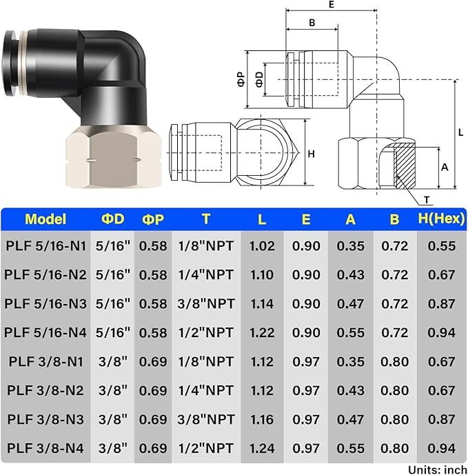 TAILONZ PNEUMATIC Female Elbow 3/8 Inch Tube OD x 1/2 Inch NPT Thread 90 Push to Connect Fittings PLF-3/8-N4 (Pack of 2)