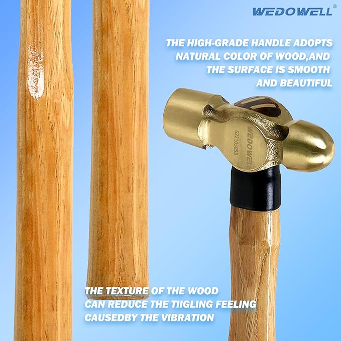 WEDOWELL 2-1/2lb Brass Ball Pein Hammer, Brass Ball Peen Hammer with Wooden Handle,Length 365mm,Die-forged,DIN Standard,Ideal for Demolition,Construction,Blacksmithing