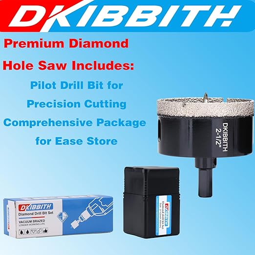 DKIBBITH 2-1/2" Diamond Hole-Saw Bits with Pilot Drill Bit - 2-1/2" Diamond Tipped Tile Hole Saws with Guiding Bit for Porcelain Tile Ceramic Pottery Granite Stone Glass Bottles 65mm.