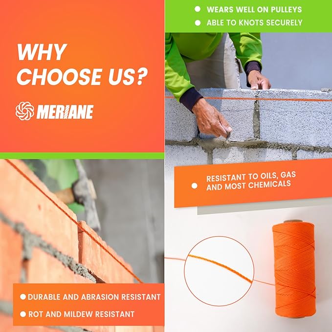 MERIANE Mason Line, 250 Ft #18 Braided Nylon String, Premium String for Masonry Jobs, Construction, Gardening, Net Making and Mending, DIY Projects, Fluorescent Orange