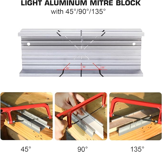 HAUTMEC Mini Miter Box, 5.3" Aluminum Alloy Mitre Block for Precision Cuts at 45°, 90°, 135° Angles, for Wood, Metal, Plastic, and Craft Projects – HT0417