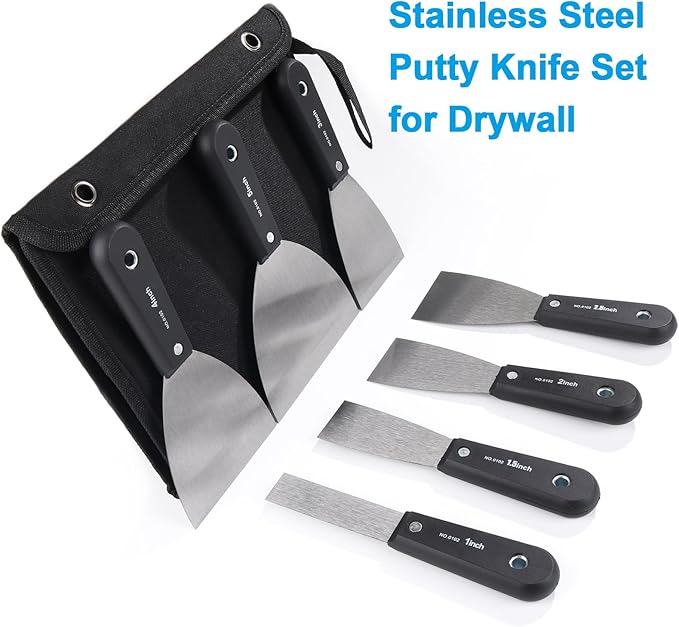 weiwei 7 PCS Metal Putty Knife Set Multi-sized Spackle Knife with Storage Bag Rustproof Putty Scraper Knives Drywall Tools for Wall Repair Wall Paint Spreading Drywall Spackle and Mud for Craftsman