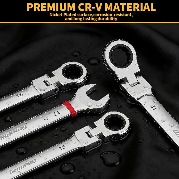 GRENPRO 23PCS Flex-Head Ratcheting Wrench Set, Combination Ratchet Wrenches Set Metric and Standard & SAE with Organizer Box, 6-18mm & 1/4" to 3/4" with Color Ring, CRV Socket Mechanic Tools Sets