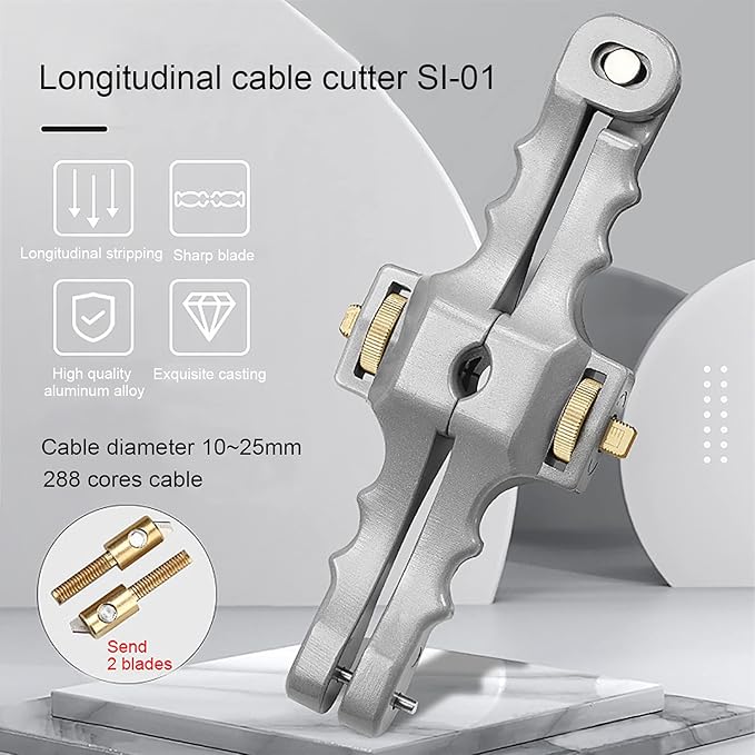 GROWORD Armored Fiber Optic Cable Stripping Tool SI-01, Longitudinal & Window Peeler, Mid Span Stripper With Adjustable Cutting Depth, 2/5" to 1" Diameter (2 Spare Blades)