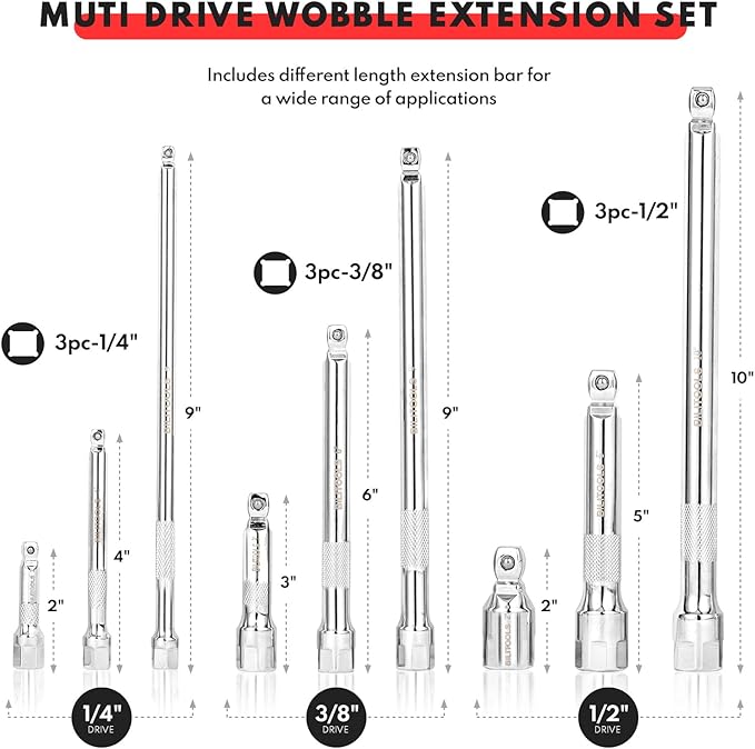 BILITOOLS 9-Piece Hex Wobble Extension Set, 2 in 1, 1/4 in, 3/8 in, 1/2 in, Chrome Vanadium Steel