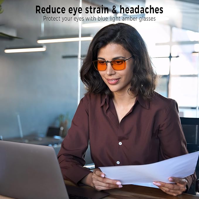 Clip-on Blue Blocking Eye Wear Glasses | Anti-Fatigue & Eyestrain Relief for Men and Women | Amber Nighttime