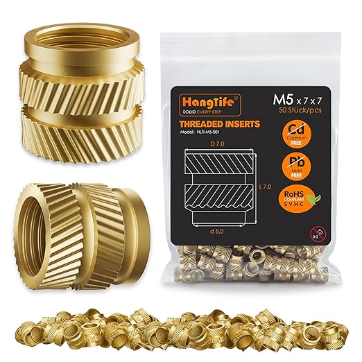 HANGLIFE Heat-Set Threaded Inserts, M5 Heat Set Insert for 3D Printing Components and Plastic Parts - Brass Metric Knurled Nuts (50 Pieces)