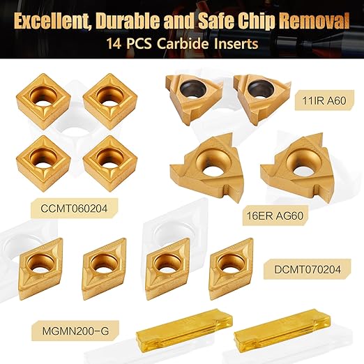Indexable Lathe Turning Tool 21Pcs Kit 1/2" (12mm) Shank, Includes 7Pcs Metal Lathe Tool Holders and 14Pcs Carbide Inserts for Turning Boring Grooving Cutting Threading Carbide Turning Tool