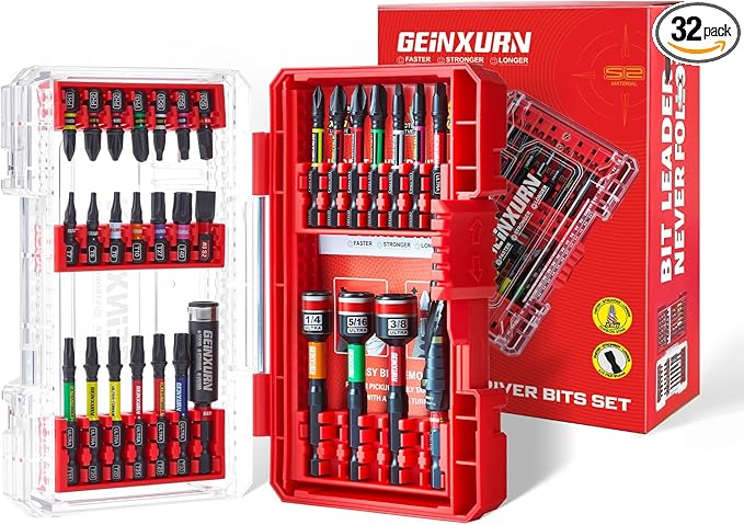 32Pieces Impact Screwdriver Bits Set, Magnetic S2 Steel 1??2?쒺hillips/Square/Torx/Slotted Bits Tips,Impact Bit Holder and Nut Driver Set with Red Storage Box Case