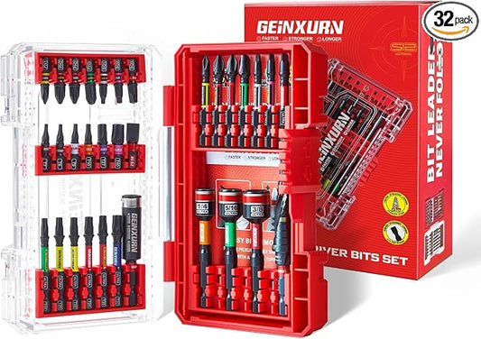 32Pieces Impact Screwdriver Bits Set, Magnetic S2 Steel 1??2?쒺hillips/Square/Torx/Slotted Bits Tips,Impact Bit Holder and Nut Driver Set with Red Storage Box Case
