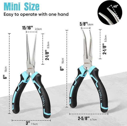 SHALL 6" Mini Needle Nose Pliers Set, 2PCS Long Nose Pliers & Bent Nose Pliers with Comfort Grip Handles, Non-Serrated Small Needle Nose Pliers for Jewelry Making, Bending Wire, Crafts, Home Repair
