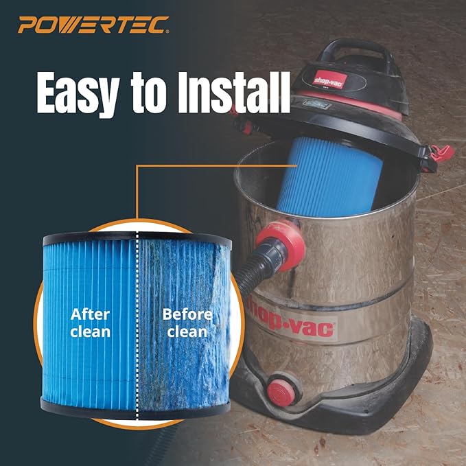 POWERTEC 90304 Cartridge Filters 2PK for Shop Vac, 90333, 90350, 9030433 Type U Replacement Filters, Fits Shop-Vac Most 5 Gallon and Above Wet/Dry Vacuum Cleaners (75082-P2)