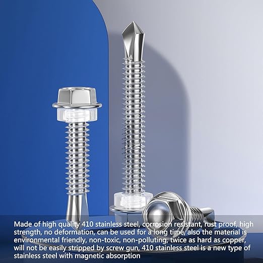 (50Pcs)#14×7" Hex Washer Head Self Drilling Screws, 410 Stainless Steel Metal SheetScrews，TEK Screws, Self Drilling Screws, Self Tapping Screws,Extensions Extra Long Screws