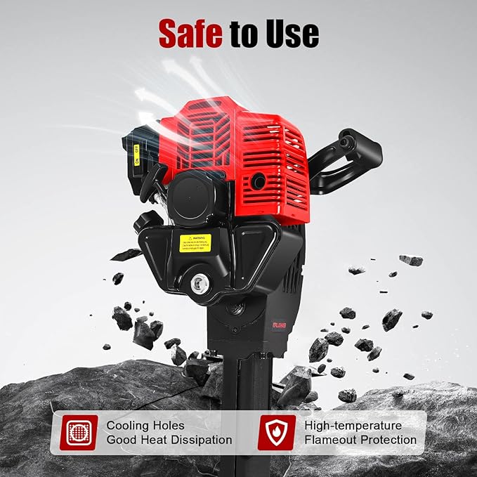 Gas Demolition Jack Hammer 55CC 2 Stroke Gasoline Concrete Breaker Punch Drill Breaker Drilling Machine 1900W 6500RPM, for Trenching Chipping Breaking Holes, with Pointed Flat Pickaxes