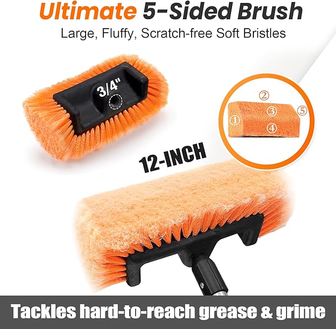 72" Car Wash Brush with Long Handle, Flow-Thru Soft Bristle Car Washing Brush with Extendable Handle and Hose Attachment and On/Off Switch for Car, RV, SUV, Truck, Boat, House Siding