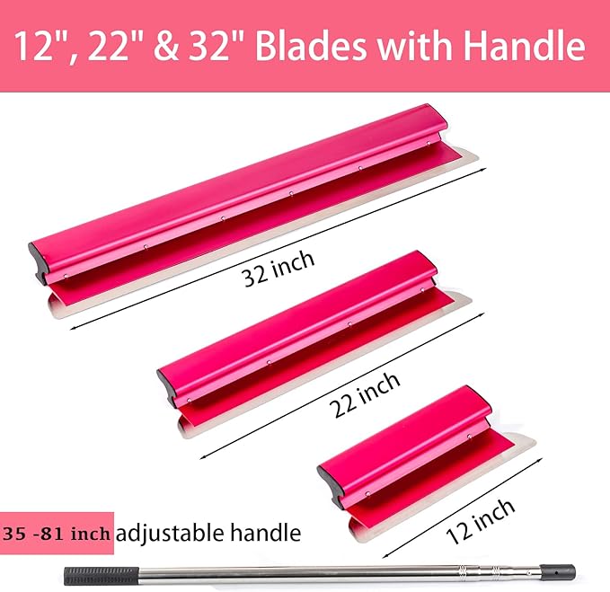 BHTOP Drywall Tools Skimming Blade with Extension Handle - 12", 22" & 32" Blades Extruded Aluminum 301 Stainless Steel Construction Tools End Caps, Wall-Board with 0.5mm&0.35mm Thickness Pink