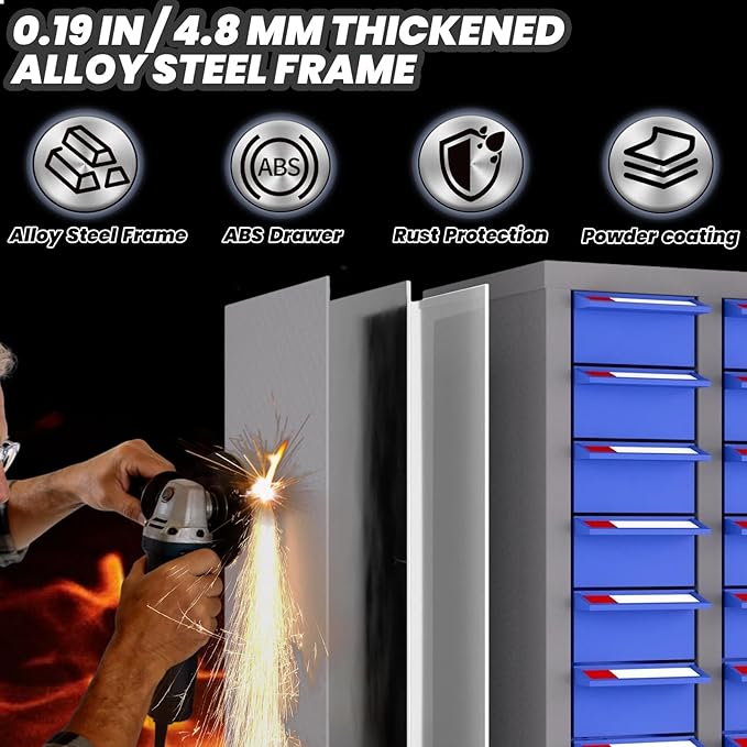 Parts Organizer Cabine 40 Drawers, 25" H x 21" D x 9" W Stainless Steel Bolt and Nut Storage Cabinet, ABS Drawers, Adjustable Shelves & Label, Parts Cabinet for Workshop Laboratory Home Tool Storage