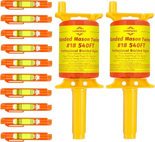 2PCS Mason Line with Handle,Twisted 540 FT #18 Braided Nylon Mason String with 10 Built-in Levels and Spool Construction Line,String Level Line Kit for Gardening Or Masonry Tools, Kite String or DIY