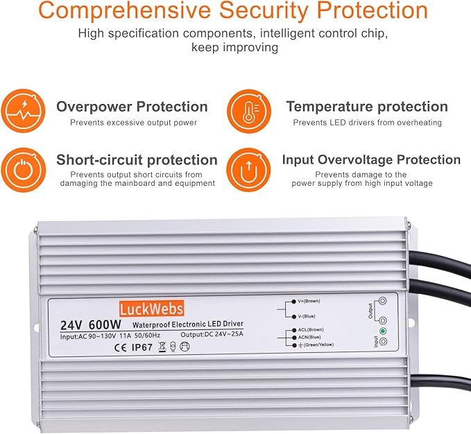 LED Driver 24V600W Waterproof Power Supply AC 90-130V to DC 24V25A Low-Voltage IP67 Switching Power Supply Landscaping Decorative Lighting LED Waterproof Transformer