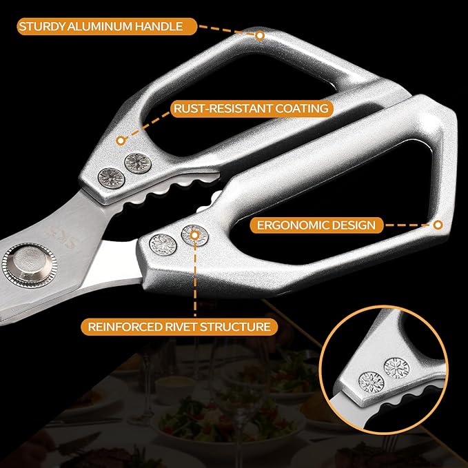 Japanese Kitchen Shears - Professional Heavy Duty Poultry Scissors, Premium Stainless Steel Blade, Sharp Silver Meat Scissors Cuts For Chicken Bones, Meat, Turkey, Fish, Dishwasher Safe