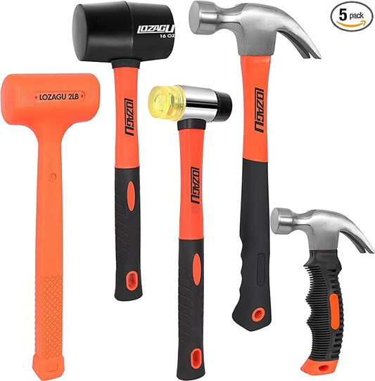 5-Piece Hammer Set, 2LB Dead Blow Hammer | 16oz Claw Hammer | 16oz Rubber Mallet | 35mm Double-Faced Soft Mallet | 8oz Small Hammer