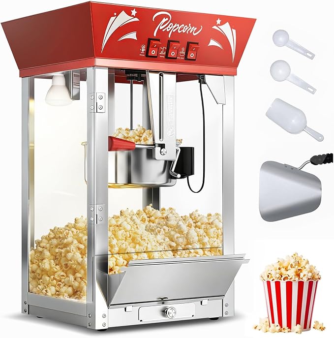 12 Oz Commercial Popcorn Machine, 850 W, Movie Theater Popcorn Machine, Red Tabletop Pop corn Machine with 3-Switch Control & Steel Frame Tempered Glass Doors for Home Theater