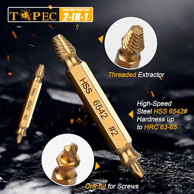 TOPEC Small Screw Extractor Set, 13 PCS Stripped Screw Removal Tool, HSS 6542 Easy Out Kit for Damaged, Broken Fasteners, Gifts for Men (Golden)