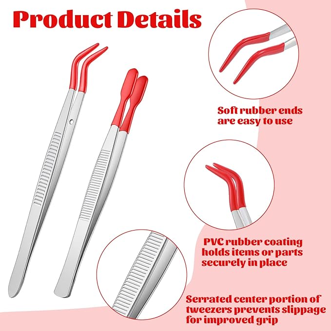 4 Pcs Tweezers with Rubber Tips Rubber Long Bent and Straight Flat Tip Long Bent Tweezer PVC Coated Precision Tweezers for Stamps Coins Jewelry Crafts Industrial Electronic Lab
