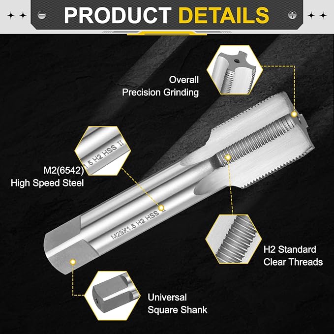 uxcell Hand Plug Tap M29 x 1.5 H2 Metric Thread Plug Style Taps Straight Flute Screw Tapping Threading Tool High Speed Steel HSS6542