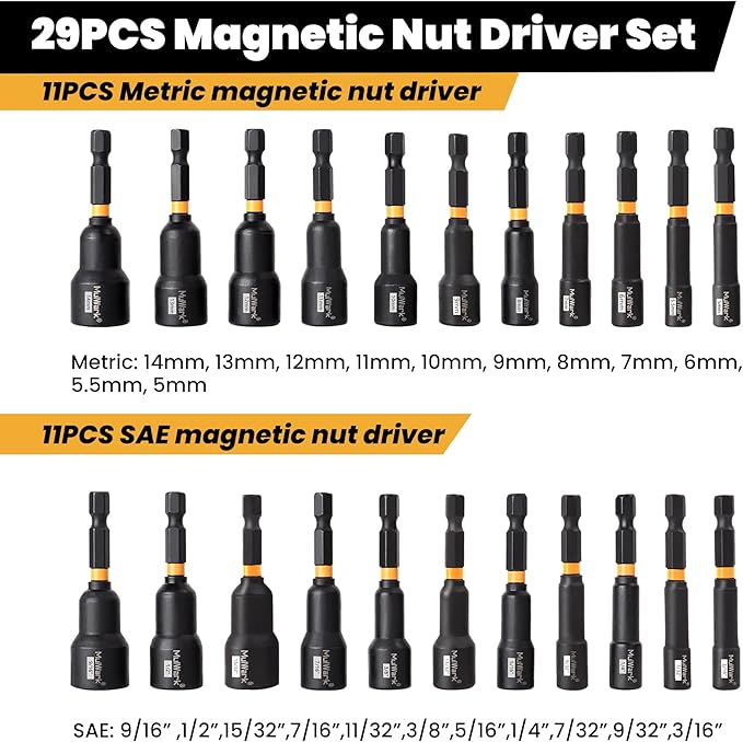 MulWark 29 Piece Magnetic Nut Driver Set, Impact drill socket adapter, SAE, and Metric Nut Driver Set Includes Magnetic Bit Holder, Quick Release Extension with Storage Bag ??Christmas Gift