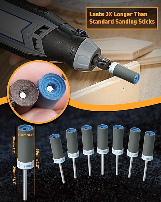 10Pcs 2500 Grit Sanding Drums Sandpaper Sticks Set with Dremel Rotary Tool for 1/8" Shank, Rotary Tool Accessories Suitable for Metal Rust Removal/Jade Polishing/Stone Grinding
