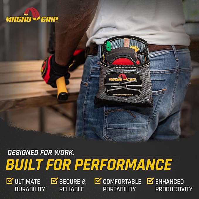 MagnoGrip 3-Pocket Nail Pouch with Integrated Magnetic Storage - Durable 1680D Ballistic Polyester, Magnetic Interior & Exterior, Tool Belt Compatible, Construction Pouch for Carpenters & DIY Projects