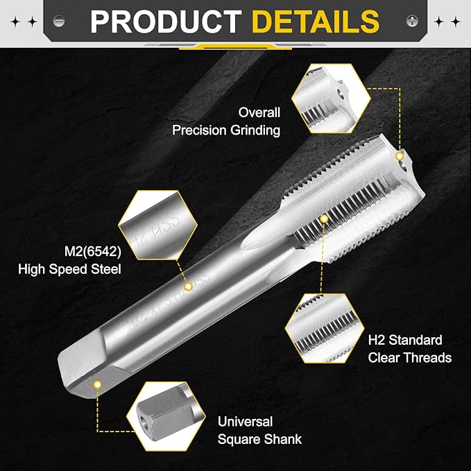 uxcell Hand Plug Tap M22 x 1.5 H2 Metric Thread Plug Style Taps Straight Flute Screw Tapping Threading Tool High Speed Steel HSS6542