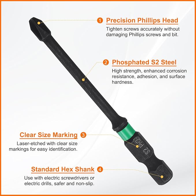 HARFINGTON 3pcs #2 Impact Phillips Screwdriver Bit PH2 1/4" Hex Shank 3" (75mm) Long 0.14" Rod Magnetic Cross Head Drill Bits S2 Steel Industrial Screw Driver for Impact Power Drivers